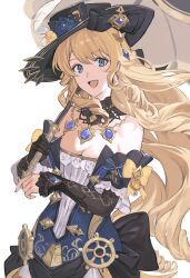 Rule 34 | 1girl, :d, bare shoulders, black gloves, black hat, blonde hair, blue eyes, breasts, cleavage, detached sleeves, dress, earrings, genshin impact, gloves, hashibiro kou (garapiko p), hat, highres, holding, holding umbrella, jewelry, long hair, looking at viewer, navia (genshin impact), open mouth, single glove, smile, solo, strapless, umbrella, very long hair, white background