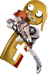 Rule 34 | 1girl, a.b.a, bags under eyes, bandaged arm, bandaged chest, bandaged leg, bandages, blood, bloody weapon, blue lips, chain, full body, green eyes, guilty gear, guilty gear xx, highres, holding, holding chain, key in head, looking at viewer, object through head, official art, paracelsus (guilty gear), parted lips, red hair, short hair, solo, stitched mouth, stitches, third-party source, transparent background, weapon
