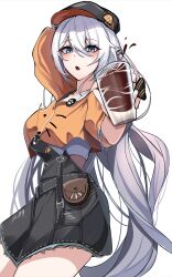 Rule 34 | 1girl, absurdres, alternate costume, black eyes, black hat, blue eyes, commentary request, crop top, cup, glass, godcastlenoa, hat, highres, holding, holding cup, honkai (series), honkai impact 3rd, kiana kaslana, long hair, looking at viewer, open mouth, orange shirt, shirt, simple background, solo, very long hair, white background, white hair
