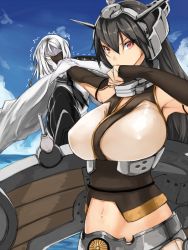 Rule 34 | 10s, 2girls, abyssal ship, armpits, asanuma, black hair, breasts, covered erect nipples, face grab, hand to own mouth, headgear, jewelry, kantai collection, large breasts, long hair, multiple girls, nagato (kancolle), navel, outstretched arm, personification, red eyes, ring, ta-class battleship, trembling, wedding band