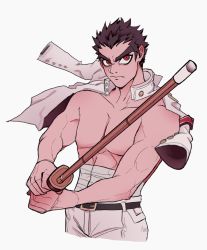 Rule 34 | 1boy, bandages, belt, black belt, black hair, closed mouth, collarbone, commentary, cropped legs, danganronpa: trigger happy havoc, danganronpa (series), english commentary, grey jacket, grey pants, highres, holding, holding weapon, ishimaru kiyotaka, jacket, jacket on shoulders, male focus, open clothes, open jacket, pants, plumbytes tobey, red eyes, short hair, sleeve garter, solo, weapon, weapon request