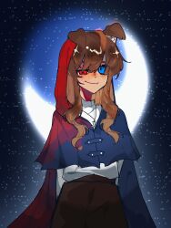 1girl animal_ears animification blue_eyes brown_hair cape chinese_commentary commentary_request crescent_moon dog_ears dog_girl heterochromia highres hood hood_up hooded_cape kemonomimi_mode long_hair long_sidelocks minecraft_youtube moguan56758 moon name_connection object_namesake pearlescentmoon pearlescentmoon_(5am) red_eyes shirt sidelocks smile solo traffic_life_series variant_set white_shirt wild_life_smp