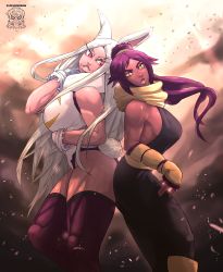 Rule 34 | 2girls, absurdres, animal ears, artist name, bleach, bodysuit, boku no hero academia, breasts, crossover, dark-skinned female, dark skin, female focus, gloves, highres, huge filesize, kbloodsaw, leotard, long hair, looking at another, mirko, multiple girls, muscular, muscular female, ponytail, purple hair, rabbit ears, rabbit tail, red eyes, scarf, shihouin yoruichi, sideboob, thick thighs, thighhighs, thighs, trait connection, white gloves, white hair, yellow eyes