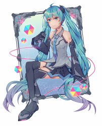 Rule 34 | 1girl, aqua eyes, aqua hair, aqua necktie, bare shoulders, black gloves, black skirt, black sleeves, black thighhighs, boots, cable, cube, detached sleeves, full body, gloves, grey shirt, hair ornament, hatsune miku, headphones, holding, holding microphone, light smile, long hair, looking at viewer, magical mirai (vocaloid), magical mirai miku, magical mirai miku (2014), microphone, necktie, outside border, painting (object), shirt, shoulder tattoo, skirt, sleeveless, sleeveless shirt, solo, tattoo, thigh boots, thighhighs, twintails, very long hair, vocaloid, wenz, white background, zettai ryouiki