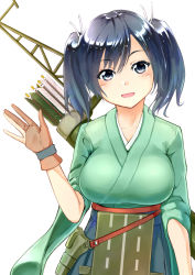 Rule 34 | 10s, 1girl, arrow (projectile), black hair, blue eyes, blush, breasts, hitotose (spiralray), japanese clothes, kantai collection, large breasts, open mouth, personification, short hair, skirt, smile, solo, souryuu (kancolle), spiralray, twintails, wide sleeves