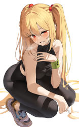 Rule 34 | 1girl, bare shoulders, black shirt, blonde hair, blush, breasts, cigarette, cleavage, collarbone, commentary request, hair bobbles, hair ornament, highres, k pring, large breasts, long hair, looking at viewer, original, pants, red eyes, sayuri (k pring), shirt, smile, smoking, solo, twintails, yoga pants