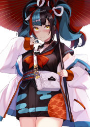 Rule 34 | 1girl, black hair, blue hair, blush, brown collar, closed mouth, clothes pull, collar, fate/grand order, fate (series), feet out of frame, hair ornament, hairclip, highres, holding, holding umbrella, jacket, jacket pull, kazuha (saku kn), long hair, looking at viewer, multicolored hair, oil-paper umbrella, red hair, school uniform, sei shounagon (fate), serafuku, smile, solo, standing, twintails, umbrella, v, white background, white jacket, yellow eyes