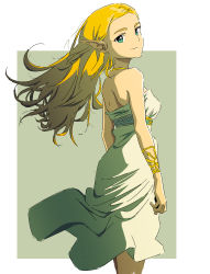 Rule 34 | 1girl, absurdres, back, bare shoulders, blonde hair, bracelet, breasts, closed mouth, dress, elf, green eyes, highres, jewelry, long hair, looking at viewer, looking back, medium breasts, mugi0913, neck, necklace, nintendo, pointy ears, princess zelda, smile, standing, strapless, strapless dress, the legend of zelda, the legend of zelda: breath of the wild, white dress