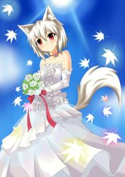 Rule 34 | 1girl, absurdres, animal ears, bare shoulders, blue sky, blue theme, blush, bouquet, choker, collarbone, day, dress, elbow gloves, flower, gloves, head tilt, highres, inubashiri momiji, leaf, lens flare, looking at viewer, no headwear, no headwear, red eyes, ribbon, rose, short hair, sky, smile, solo, strapless, strapless dress, sun, tail, touhou, wedding dress, white flower, white hair, white rose, wolf ears, wolf tail