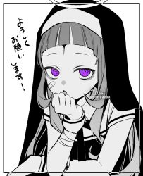 Rule 34 | 1girl, alternate costume, bandaged arm, bandages, bandaid, bandaid on cheek, bandaid on face, cosplay, forehead, habit, halo, hand up, highres, hololive, kamippoina (vocaloid), long hair, looking at viewer, monochrome, murasaki shion, parted lips, purple eyes, signature, sofra, solo, spot color, translated, twitter username, upper body, veil, virtual youtuber, vocaloid, white background