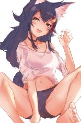 Rule 34 | 1girl, alternate costume, animal ears, bare legs, barefoot, black choker, black hair, black shorts, blush, breasts, casual, choker, claw pose, clothing cutout, commentary, fang, full body, hair ornament, hanuke, highres, hololive, long hair, looking at viewer, m legs, medium breasts, midriff, multicolored hair, navel, ookami mio, ookami mio (casual), open mouth, red hair, shirt, short shorts, shorts, shoulder cutout, simple background, sitting, sketch, skin fang, smile, solo, spread legs, streaked hair, two-tone hair, virtual youtuber, white background, white shirt, wolf ears, yellow eyes