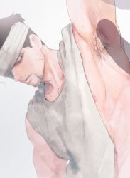 Rule 34 | 2boys, arm up, armpit focus, armpit sex, bandaged head, bandages, bara, black hair, cum, cum in mouth, cum on armpits, cum on body, erection, facial hair, facial scar, goatee stubble, golden kamuy, hair slicked back, highres, invisible penis, looking at penis, male focus, multiple boys, nipples, official alternate costume, ogata hyakunosuke, pectorals, penis, scar, scar on cheek, scar on face, short hair, shumari rf, sidepec, sleeveless, solo focus, stubble, toned, toned male, undercut, yaoi