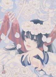 Rule 34 | 1girl, absurdres, arm support, black hair, camellia, commentary request, flower, flower wreath, grey eyes, head wreath, highres, long hair, long sleeves, looking at viewer, lying, on stomach, original, parted lips, petals, red scarf, sailor collar, sailor shirt, scarf, seal impression, shirt, signature, skeleton, solo, straight hair, suicide, upper body, ushiyama ame, white flower, white shirt