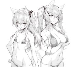 Rule 34 | 2girls, :d, absurdres, animal ear fluff, animal ears, arm at side, arm under breasts, bare shoulders, bikini, blush, bow, breast hold, breasts, cat ears, cat girl, cat tail, cleavage, closed mouth, collarbone, commentary, cowboy shot, crossed arms, crossed bangs, fang, flat chest, girls&#039; frontline, greyscale, groin, hair between eyes, hair bow, hair ornament, hand on own hip, highres, kemonomimi mode, large breasts, long hair, looking at viewer, monochrome, multiple girls, navel, one side up, open mouth, scar, scar across eye, scar on face, shanyao jiang tororo, side-by-side, sidelocks, simple background, skindentation, smile, standing, stomach, string bikini, swimsuit, tail, tail raised, twintails, ump45 (girls&#039; frontline), ump9 (girls&#039; frontline), white background