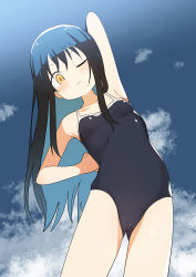 Rule 34 | 1girl, absurdres, arm up, black hair, blush, breasts, bural chingu, cameltoe, day, highres, ju hyeon-mi, long hair, looking at viewer, luke (dydansgur), one-piece swimsuit, one eye closed, outdoors, sky, small breasts, solo, stretching, swimsuit, yellow eyes