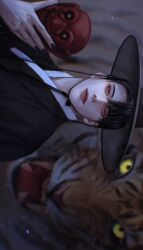 Rule 34 | 1boy, absurdres, animal, black hair, black hat, black nails, cheongryeo, chromatic aberration, closed mouth, commentary request, debwi mos hamyeon jugneun byeong geollim, gat (korean traditional hat), hanbok, hat, highres, holding, holding mask, jyum 00, korean clothes, korean commentary, looking at viewer, male focus, mask, parted bangs, purple eyes, realistic, short hair, sideways, solo, tiger, upper body