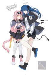 Rule 34 | 2girls, animal ears, ankle boots, arknights, arm around shoulder, bare legs, black footwear, black gloves, black hairband, black shorts, black skirt, blue eyes, blue hair, blush, boots, braid, breasts, cat ears, cat girl, cat tail, chinese text, demon girl, demon horns, demon tail, detached wings, energy wings, garter straps, gloves, goldenglow (arknights), hair over shoulder, hairband, halo, highres, horns, jacket, large breasts, leg up, lightning bolt print, long hair, looking at viewer, mostima (arknights), multiple girls, open clothes, open jacket, orange eyes, parted lips, pink footwear, pink hair, scissors, shirt, shorts, simple background, single braid, skirt, smile, tail, thighhighs, very long hair, white background, white shirt, white thighhighs, wings, zettai ryouiki, zuo daoxing