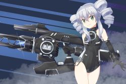 Rule 34 | 1girl, black gloves, black legwear, black sister, breasts, drill hair, elbow gloves, gloves, green eyes, grey hair, highres, holding, holding weapon, long hair, looking at viewer, ma40414, neptune (series), power symbol, power symbol-shaped pupils, small breasts, smile, solo, symbol-shaped pupils, twin drills, weapon