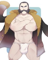 Rule 34 | 1boy, abs, bara, black hair, bulge, chest hair, closed mouth, cowboy shot, creatures (company), crossed arms, dogoronumber3, erection, erection under clothes, facial hair, fundoshi, fur-trimmed jacket, fur trim, game freak, highres, jacket, jacket on shoulders, japanese clothes, kamado (pokemon), looking ahead, male focus, male underwear, mature male, muscular, muscular male, mustache, navel, navel hair, nintendo, pokemon, pokemon legends: arceus, pubic hair, pubic hair peek, serious, short hair, sideburns, simple background, solo, thick arms, thick eyebrows, thick thighs, thighs, topless male, underwear, white male underwear