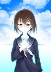 Rule 34 | 10s, 1girl, ahoge, aura, brave witches, breasts, brown eyes, brown hair, clenched hand, cloud, cloudy sky, collarbone, commentary request, day, female focus, glowing, hair between eyes, hair ornament, hairclip, highres, hinata kokage, horizon, karibuchi hikari, long sleeves, looking at hand, magic, medium breasts, ocean, open mouth, ribbon, school uniform, serafuku, short hair, sky, solo, white ribbon, wind, wind lift, world witches series