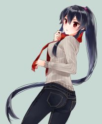 Rule 34 | 10s, 1girl, black hair, casual, denim, ichinomiya (blantte), jeans, kantai collection, long hair, pants, ponytail, red eyes, scarf, solo, sweater, tight clothes, tight pants, yahagi (kancolle)