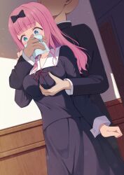 Rule 34 | 1boy, 1girl, black bow, blue eyes, blunt bangs, blush, bow, breasts, chloroform, commission, covering own mouth, faceless, faceless male, fujiwara chika, grabbing, grabbing another&#039;s breast, grabbing from behind, hair bow, hand on another&#039;s arm, handkerchief, holding, holding handkerchief, kaguya-sama wa kokurasetai ~tensai-tachi no renai zunousen~, large breasts, long hair, long sleeves, miso (misomiso 154), pink hair, school uniform, shuuchiin academy school uniform, skeb commission, surprised, wide-eyed