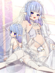 Rule 34 | 1boy, ass, blue hair, blush, bride, bulge, crossdressing, dress, from behind, highres, long hair, looking back, male bride, male focus, nipples, open mouth, penis, penis sheath, pointy ears, porygonleft, purple eyes, revealing clothes, see-through, solo, thighhighs, trap, wedding dress