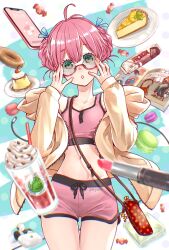 Rule 34 | 1girl, :o, ahoge, airpods, artist name, bag, blue background, blue ribbon, blurry, blurry background, blurry foreground, book, braid, braided bun, breasts, buttons, candy, cellphone, cheesecake, cherry, cleavage, collarbone, commentary request, cosmetics, cowboy shot, crop top, cropped shirt, cup, dolphin shorts, double-parted bangs, double bun, doughnut, drink, drinking glass, drinking straw, eebe, eyelashes, flat chest, food, fruit, glasses, green eyes, hair between eyes, hair bun, hair ribbon, handbag, handkerchief, hands on eyewear, hands up, head tilt, highres, jacket, lemon, lipstick, lipstick tube, long bangs, long sleeves, looking at viewer, macaron, makeup, navel, off shoulder, open clothes, open jacket, open mouth, original, phone, pink hair, pink shirt, pink shorts, plate, pocket, protein bar, pudding, red-framed eyewear, red bag, ribbon, semi-rimless eyewear, shirt, short shorts, shorts, sleeveless, sleeveless shirt, sleeves past wrists, smartphone, solo, stomach, sweets, thigh gap, thighs, thighs together, twitter username, under-rim eyewear, whipped cream, wireless earphones, yellow jacket, zipper
