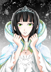 Rule 34 | 1girl, absurdres, aqua eyes, artist name, artist request, bare shoulders, black hair, blush, breasts, collarbone, dress, female focus, green eyes, heart, heart necklace, highres, hood, hood up, hooded jacket, jacket, jewelry, kurosawa dia, long hair, looking at viewer, love live!, love live! school idol festival, love live! sunshine!!, mole, mole under mouth, necklace, parted lips, perfect sekai, smile, solo, tiara, upper body, wedding dress, white detached collar, white dress, white first love, yousolo