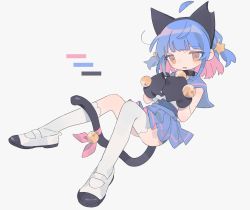 Rule 34 | 1girl, ahoge, animal ears, animal hands, asymmetrical legwear, bell, between legs, black choker, black gloves, black hairband, blouse, blue hair, blue sailor collar, blue skirt, blunt bangs, brown eyes, cat ears, cat tail, choker, color guide, colored inner hair, daizu (melon-lemon), fake animal ears, floating hair, from side, full body, gloves, grey background, hair ornament, hairband, hands up, highres, jingle bell, kneehighs, knees up, looking at viewer, looking to the side, miniskirt, multicolored hair, neck bell, no nose, original, own hands together, parted lips, paw gloves, pink hair, pink ribbon, pleated skirt, ribbon, sailor collar, school uniform, serafuku, shirt, shoes, short hair, simple background, single kneehigh, single sock, single thighhigh, skirt, socks, solo, star (symbol), star hair ornament, sweat, swimsuit, swimsuit under clothes, tail, tail bell, tail between legs, tail ornament, tail ribbon, thighhighs, two-tone hair, two side up, uneven legwear, uwabaki, white footwear, white shirt, white socks