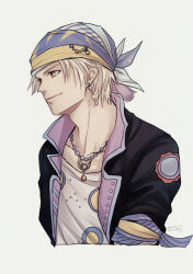 Rule 34 | 1boy, bandana, beads, black jacket, blue bandana, cropped torso, dangle earrings, dated, earrings, final fantasy, final fantasy ii, firion, grey background, high collar, hiryuu (kana h), jacket, jewelry, looking to the side, male focus, necklace, shirt, short hair, signature, simple background, sleeves rolled up, smile, solo, upper body, white hair, white shirt, yellow eyes