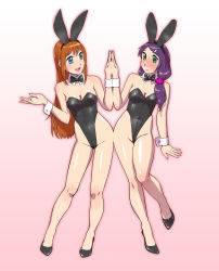 Rule 34 | 2girls, animal ears, bare legs, bare shoulders, black hair, blue eyes, blush, bow, bowtie, breasts, brown hair, cleavage, detached collar, embarrassed, eye contact, fake animal ears, female focus, fukusuke hachi-gou, full body, gradient background, green eyes, groin, hair ornament, hairclip, happy, high heels, highleg, highleg leotard, highres, leg lift, legs, leotard, long hair, looking at another, multiple girls, open mouth, original, own hands together, playboy bunny, ponytail, purple hair, rabbit ears, shoes, shy, smile, standing, sweat, wrist cuffs
