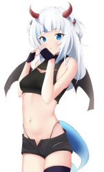 Rule 34 | 1girl, absurdres, ausseh1, black gloves, black panties, black shirt, black shorts, black thighhighs, blue hair, breasts, cleavage, cleavage cutout, clothing cutout, commentary, demon horns, demon wings, english commentary, fingerless gloves, fins, fish tail, gawr gura, gloves, hair ornament, highres, hololive, hololive english, horns, looking at viewer, medium hair, multicolored hair, navel, open mouth, panties, panty straps, shark girl, shark hair ornament, shark tail, shirt, short shorts, short twintails, shorts, small breasts, streaked hair, tail, thighhighs, twintails, underwear, virtual youtuber, white hair, wings