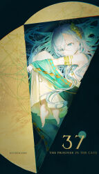 Rule 34 | 1girl, 37 (reverse:1999), absurdres, aqua sash, armlet, barefoot, blue eyes, blue hair, character name, chromatic aberration, commentary, copyright name, dress, english commentary, english text, fetal position, full body, headdress, highres, long hair, mrruaaa, parted lips, reverse:1999, solo, white dress