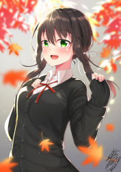 Rule 34 | 1girl, :d, autumn leaves, black cardigan, black hair, blush, cardigan, collared shirt, commentary request, green eyes, hair between eyes, hair ribbon, highres, long hair, looking at viewer, low twintails, namikawa kuroha, neck ribbon, open mouth, original, red ribbon, ribbon, shirt, signature, smile, solo, takamine miyu (namikawa kuroha), twintails, twitter username, upper body, white ribbon, white shirt