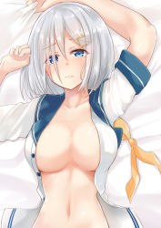 Rule 34 | 10s, 1girl, arm up, bed sheet, blue eyes, blush, breasts, buttons, cleavage, closed mouth, collarbone, eyebrows, from above, frown, hair ornament, hair over one eye, hairclip, hamakaze (kancolle), kantai collection, large breasts, looking at viewer, looking up, lying, md5 mismatch, medium breasts, naigou, navel, unworn neckerchief, neneru, no bra, on back, open clothes, open shirt, pink lips, sheet grab, shiny skin, shirt, short hair, silver hair, solo, stomach, unbuttoned, unbuttoned shirt, upper body, white shirt