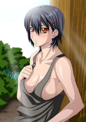 Rule 34 | 1girl, black hair, blush, breasts, camisole, cleavage, forest, hair ornament, hairclip, heterochromia, isse, large breasts, nature, no bra, red eyes, short hair, sideboob, solo, straightchromia, sweat, tank top