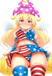 Rule 34 | 1girl, :3, adapted costume, american flag legwear, american flag panties, american flag shirt, american flag skirt, asymmetrical legwear, bare shoulders, blonde hair, blue legwear, blue panties, blue shirt, blue skirt, blush, cheerleader, clownpiece, commentary request, cowboy shot, crop top, daichi (tokoya), detached sleeves, fairy wings, from below, gluteal fold, groin, hair between eyes, hat, heart, heart-shaped pupils, highres, holding, holding pom poms, jester cap, long hair, long sleeves, looking at viewer, midriff, miniskirt, mismatched legwear, navel, neck ruff, nose blush, panties, pantyshot, pleated skirt, polka dot, polka dot headwear, pom pom (cheerleading), pom poms, purple eyes, purple hat, red legwear, red panties, red shirt, red skirt, shirt, simple background, skirt, skirt set, sleeveless, sleeveless shirt, smile, solo, standing, star (symbol), star print, stomach, striped clothes, striped legwear, striped panties, striped shirt, striped skirt, striped thighhighs, sweat, symbol-shaped pupils, thighhighs, thighs, touhou, underwear, white background, white legwear, white panties, white shirt, white skirt, wings
