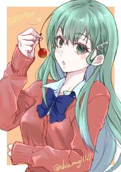 Rule 34 | 1girl, absurdres, border, buttons, cardigan, cherry, collared shirt, dated, food, fruit, green eyes, green hair, hair between eyes, hair ornament, hairclip, heart, highres, holding, holding food, holding fruit, kantai collection, long hair, long sleeves, official alternate costume, open mouth, pink cardigan, shiomugi (shio mugi1107), shirt, solo, suzuya (kancolle), twitter username, upper body, white border, white shirt