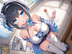 Rule 34 | 1girl, bare shoulders, bed, black hair, blue eyes, blue flower, blue skirt, breasts, cleavage, condom, condom packet strip, condom wrapper, detached collar, detached sleeves, dutch angle, flower, frilled skirt, frills, gloves, gomashio ponz, halterneck, hand on own thigh, hand up, highres, holding, id card, large breasts, looking at viewer, miniskirt, on bed, open mouth, original, pillow, rose, sex toy, shirt, short hair, short sleeves, showgirl skirt, sitting, skindentation, skirt, slippers, solo, spaghetti strap, thighhighs, thighs, translated, white gloves, white shirt, white thighhighs, zettai ryouiki