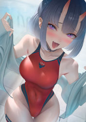 Rule 34 | 1girl, bare shoulders, blush, bob cut, breasts, collarbone, competition swimsuit, covered navel, eyeliner, fate/grand order, fate (series), groin, highleg, highleg swimsuit, highres, horns, imizu (nitro unknown), jacket, long sleeves, looking at viewer, makeup, medium breasts, off shoulder, one-piece swimsuit, oni, open clothes, open jacket, open mouth, purple eyes, purple hair, red one-piece swimsuit, short hair, shuten douji (fate), skin-covered horns, smile, solo, swimsuit, thighs, white jacket, wide hips