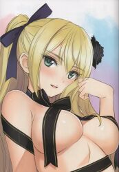 Rule 34 | 1girl, absurdres, bare shoulders, blonde hair, blush, bow, breasts, gold trim, gradient background, green eyes, hair bow, hair ornament, hand up, highres, jin-lian (tony taka), long hair, looking at viewer, medium breasts, naked ribbon, open mouth, original, ribbon, scan, shiny skin, simple background, smile, solo, tony taka, upper body