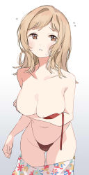 Rule 34 | 1girl, bikini, black bikini, breast hold, breasts, brown eyes, cleavage, collarbone, commentary request, cowboy shot, flying sweatdrops, gradient background, grey background, hei (tonarinohey), highres, idolmaster, idolmaster shiny colors, large breasts, light blush, light brown hair, long hair, looking at viewer, mole, mole on breast, navel, parted lips, sakuragi mano, solo, sweat, swimsuit, untied bikini, white background