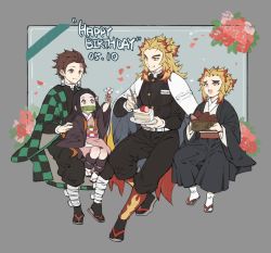 Rule 34 | 1girl, 3boys, belt, birthday, blonde hair, brother and sister, brothers, cake, cape, checkered sash, dated, earrings, flower, food, forked eyebrows, hair ribbon, haori, happy birthday, highres, holding, holding flower, invisible chair, japanese clothes, jewelry, kamado nezuko, kamado tanjirou, kimetsu no yaiba, long hair, long sleeves, multicolored hair, multiple boys, obi, open mouth, orange hair, pants, papajay (jennygin2), red hair, rengoku kyoujurou, rengoku senjurou, ribbon, sash, scar, scar on face, scar on forehead, siblings, simple background, sitting, smile, thick eyebrows, white belt