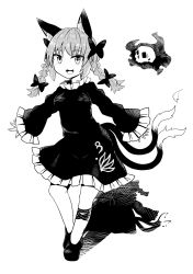 Rule 34 | 1girl, :d, animal ears, bow, braid, cat ears, cat tail, chups, dress, floating skull, frilled dress, frills, greyscale, hair bow, highres, hitodama, kaenbyou rin, long sleeves, looking at viewer, monochrome, multiple tails, open mouth, skull, smile, solo, tail, touhou, twin braids