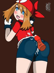 Rule 34 | 1girl, alternate color, artist request, ass, ass press, bandana, bike shorts, blue eyes, blush, breasts, brown hair, creatures (company), cum, disembodied penis, ejaculation, from behind, game freak, gloves, huge ass, long hair, looking at viewer, looking back, may (pokemon), nintendo, open mouth, penis, pokemon, pokemon (anime), sideboob, smile