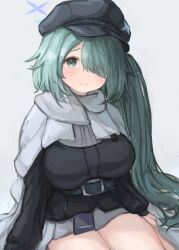 Rule 34 | 1girl, absurdres, aqua eyes, aqua hair, black hat, blue archive, blush, breasts, cabbie hat, closed mouth, cowboy shot, green hair, green halo, grey eyes, grey skirt, hair over one eye, halo, hat, highres, hiyori (blue archive), light smile, long hair, long sleeves, looking at viewer, medium breasts, scarf, side ponytail, simple background, skirt, smile, solo, teruriu, white background, white scarf