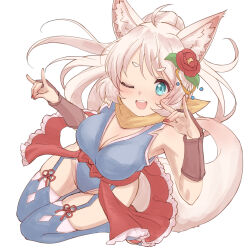Rule 34 | 1girl, ;d, animal ear fluff, animal ears, arm guards, bare shoulders, blue eyes, blue leotard, blue thighhighs, blush, breasts, cleavage, double fox shadow puppet, flower, fox ears, fox girl, fox shadow puppet, fox tail, full body, garter straps, grey hair, hair flower, hair ornament, hands up, highres, howan (show by rock!!), kunoichi, leotard, long hair, medium breasts, nail polish, nyama, one eye closed, open mouth, ponytail, red flower, red nails, short eyebrows, show by rock!!, simple background, smile, solo, tail, thick eyebrows, thighhighs, very long hair, white background