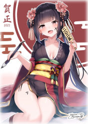 1girl :d absurdres black_hair black_kimono blunt_bangs blush breasts breasts_apart brown_eyes calligraphy_brush collarbone double_bun fang flower hagoita hair_bun hair_flower hair_ornament highres himura_moritaka holding holding_brush holding_calligraphy_brush holding_paintbrush japanese_clothes kimono legs_together long_hair looking_at_viewer medium_breasts new_year obi open_mouth original paddle paintbrush sash signature sitting smile solo thighs wide_sleeves