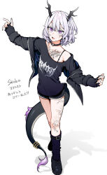 Rule 34 | 1girl, :d, absurdres, bare shoulders, black nails, boots, choker, commission, full body, highres, horns, jacket, looking at viewer, medium hair, open mouth, original, purple eyes, purple hair, shorts, simple background, skeb commission, sleeves past wrists, slit pupils, smile, solo, st (youx1119), tail, tattoo, white background